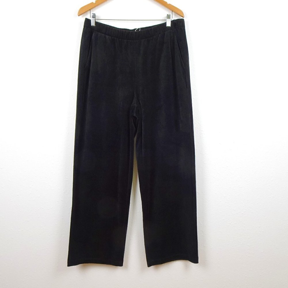 Eileen Fisher Straight Leg Pants Size L Black Velour Stretch Elastic Waist